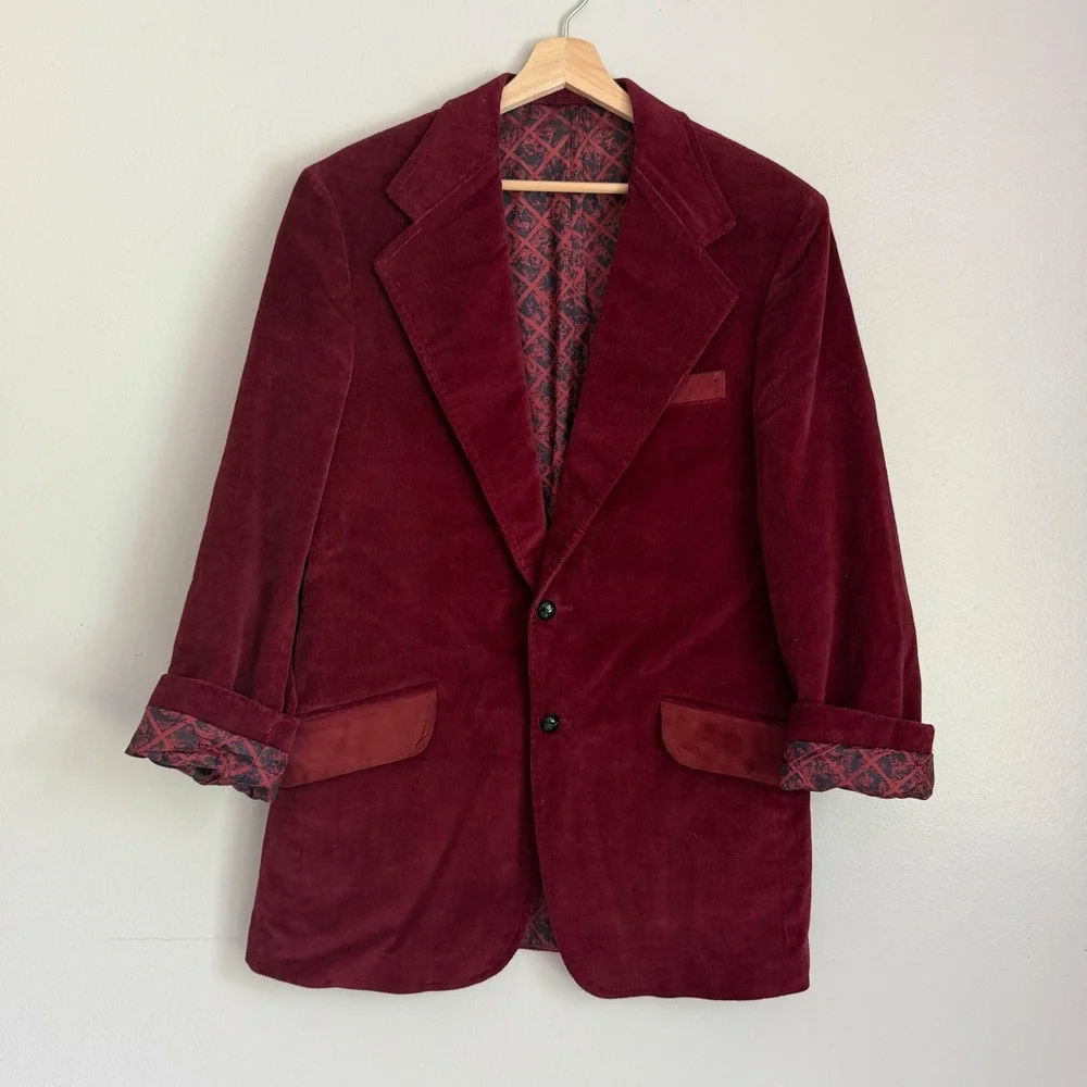 Vintage Sears The Mens Store Burgundy Corduroy Blazer Jacket 40L 70s Retro